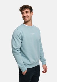 Ljusblå sweatshirt i mjukt tyg med rund halsringning och ribbstickade muddar. Framsidan pryds av en liten vit logga.