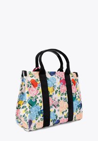 Borsa a tela floreale con fiori multicolori vivaci e cuori, dotata di manici in tessuto nero e una forma rettangolare strutturata.