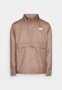 Brązowa, lekka kurtka przeciwwiatrowa z półzamkiem, elastycznymi mankietami i wąską poziomą wstawką. Zawiera logo "The North Face".