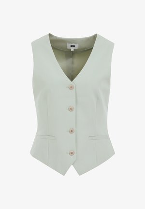 Gilet senza maniche verde chiaro con scollatura a V, cinque bottoni in una tonalità beige e due tasche frontali. Design strutturato con una forma aderente.