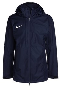 Veste à capuche bleu marine avec fermeture éclair sur le devant, manches longues, poignets réglables et logo Nike blanc sur le côté gauche de la poitrine.