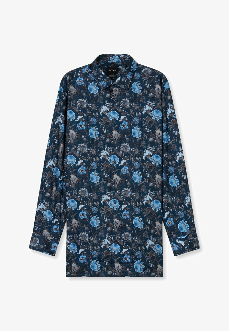 Langärmliges Hemd mit Kragen in Dunkelblau, mit floralem Muster, das große blaue Blumen, grüne Blätter und braune Akzente zeigt. Glatte Stoffoberfläche.