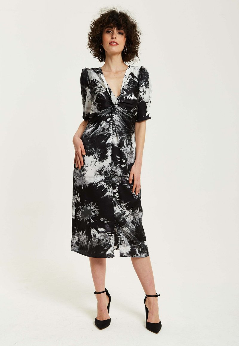 Liquorish MONO ABSTRACT PRINT KNOT FRONT MIDI - Day dress - black