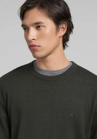 Donkergroene gebreide trui met een ronde hals, gedragen over een lichtgrijs overhemd. Voorzien van een klein logo op de linkerborst.