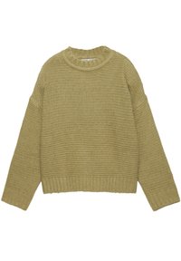 Pull en tricot vert olive clair, présentant une surface texturée, un col rond et de larges manches avec des poignets et un bas côtelés.