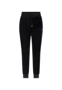 Zwarte joggerbroek gemaakt van een zacht, gestructureerd materiaal. Voorzien van een tailleband met trekkoord en elastische boorden bij de enkels. Minimale logo-accenten.