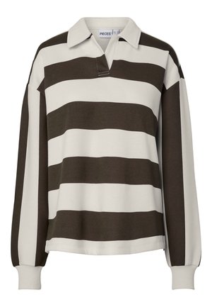 T-shirt de rugby à manches longues avec de larges rayures horizontales marron et beige, un col et une ouverture en V.