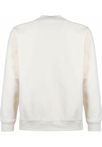 Sweatshirt blanc, en coton doux, col rond, poignets et ourlet côtelés, design uni, présente une texture lisse sans logos visibles.