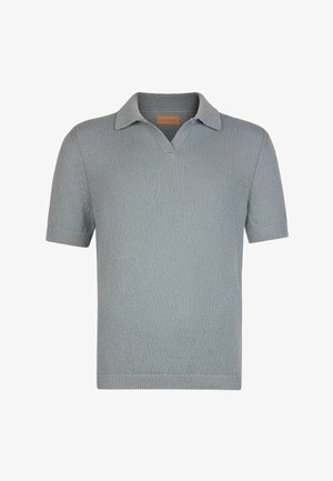 Jasnoszara dzianinowa koszulka polo z krótkim rękawem, z prążkowanym kołnierzykiem, otworem w kształcie litery V oraz prążkowanymi mankietami i dołem.