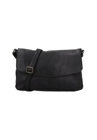 Čierna kožená crossbody kabelka s nastaviteľným popruhom a klopovým zapínaním, obdĺžnikový tvar, hladká textúra a detail s kovovou prackou.