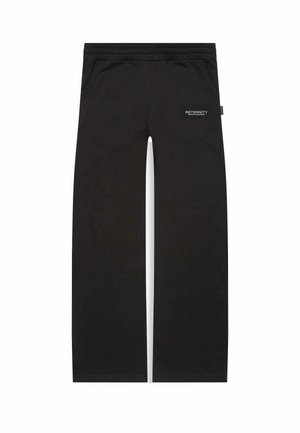 Black sweatpants with a relaxed fit, elastic waistband, side pockets, and a small white logo reading "RETERNITY" on the left thigh.