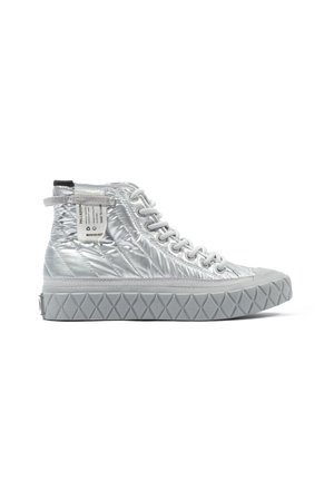 High-top sneakers with a shiny silver padded upper, light grey rubber sole, and detailed tread pattern for traction. Features a brand tag on the back.