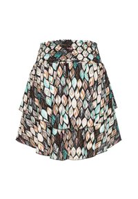 Ker skirt bertingkat dengan pinggang smocked, menampilkan pola daun dalam warna teal, cokelat, dan krim di latar belakang hitam. Terbuat dari kain ringan dengan desain yang mengalir.