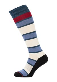 Knæhøje sokker i blå, creme og røde striber; ribbet top; blød tekstur; forstærket sort hæl og tå; elastisk kant for en sikker pasform.