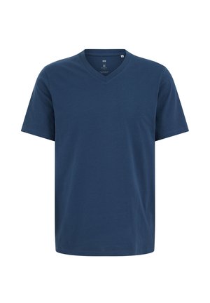 Läbipaistev tumesinine lühikeste varrukatega V-kaelusega puuvillane T-särk, suurus keskmine, valgel taustal eksponeeritud.