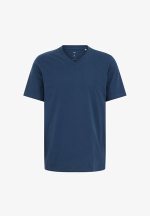 Läbipaistev tumesinine lühikeste varrukatega V-kaelusega puuvillane T-särk, suurus keskmine, valgel taustal eksponeeritud.