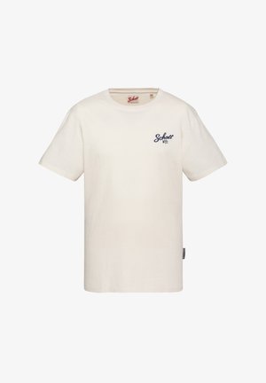 Weißes T-Shirt mit kurzen Ärmeln, rundem Ausschnitt und kleinem dunkelblauem "Schott NYC" Logo auf der linken Brust.