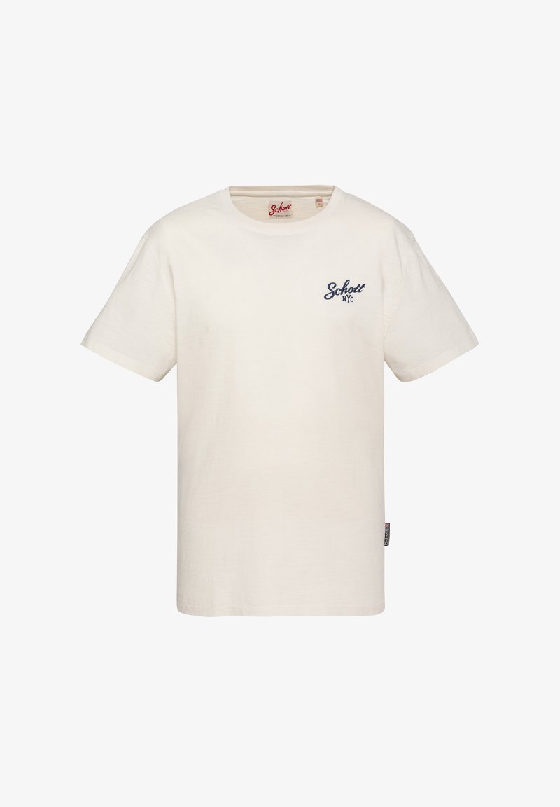 T-shirt blanc à manches courtes avec encolure ronde et petit logo bleu marine "Schott NYC" sur la poitrine gauche.