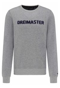 Sudadera gris hecha de una tela suave, con mangas largas, puños y dobladillo acanalados, que presenta el logotipo "DREIMASTER" en azul marino en el pecho.