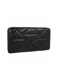 Cartera de cuero negro con un diseño de acolchado y patrones geométricos, y un cierre de cremallera en tono dorado. Forma rectangular, textura suave.