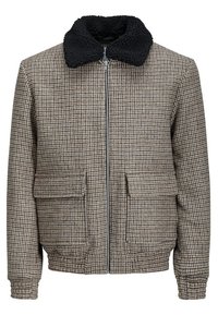 Veste zippée pour homme à carreaux marron et beige avec col en sherpa noir et deux poches avant à rabat.