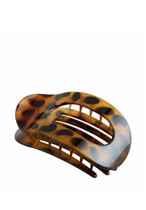 Braun schildpattfarbenes Haarspangen aus Kunststoff mit gebogenen Kanten und ineinandergreifenden Zähnen zum Sichern der Haare.