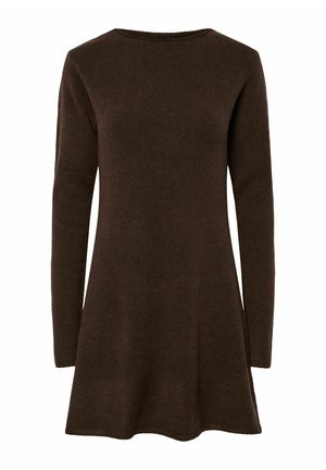Robe marron à manches longues avec un col rond, ourlet évasé et texture douce. Design simple, fabriquée à partir d'un matériau en maille confortable.
