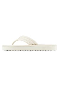 White flip-flop with a textured, padded strap and a textured sole. Features a pronounced logo on the side and a flat, simple design.