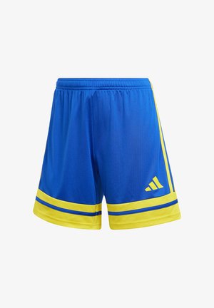 Shorts de sport bleus avec une taille élastique jaune et des rayures. Comprend le logo Adidas et des accents jaunes contrastants sur les côtés. Matière légère.