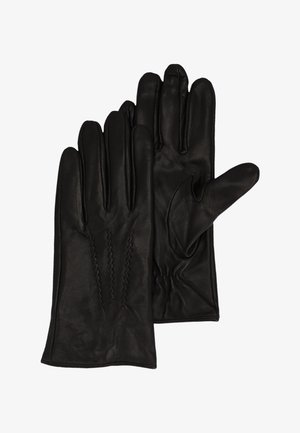 Black leather gloves with a smooth texture, featuring stitched accents and a flexible fit for ease of movement.