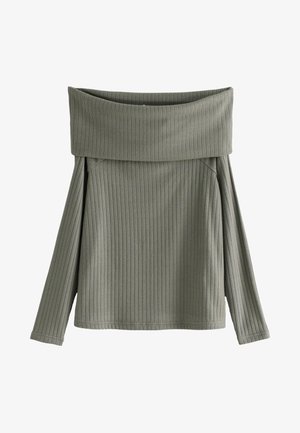 Top lungo a maniche lunghe off-the-shoulder in tessuto rigato verde oliva; presenta un ampio scollo e maniche aderenti, evidenziando dettagli testurizzati.