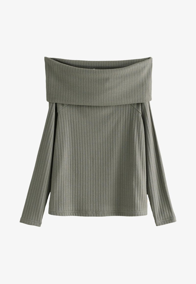 Haut à manches longues décolleté, en tissu côtelé de couleur vert olive ; présente un décolleté large et des manches ajustées, mettant en avant un détail texturé.