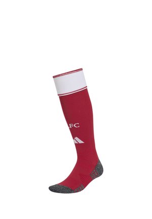 Roter knielanger Sportsocken mit weißem Oberband, grauem Zeh und Ferse, mit teilweisem weißen Schriftzug und Logo.