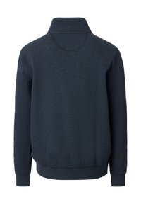 Navy blauwe sweatshirt met een hoge kraag, textuurstof en lange mouwen. Kenmerkt zich door ribgebreide manchetten en zoom, met een eenvoudige en strakke uitstraling.