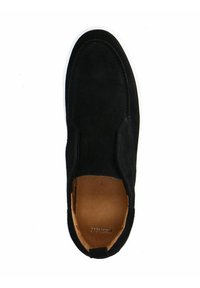 Black suede slip-on shoe with a round toe, contrasting tan leather lining, white rubber sole, and elastic side accents for easy wear.