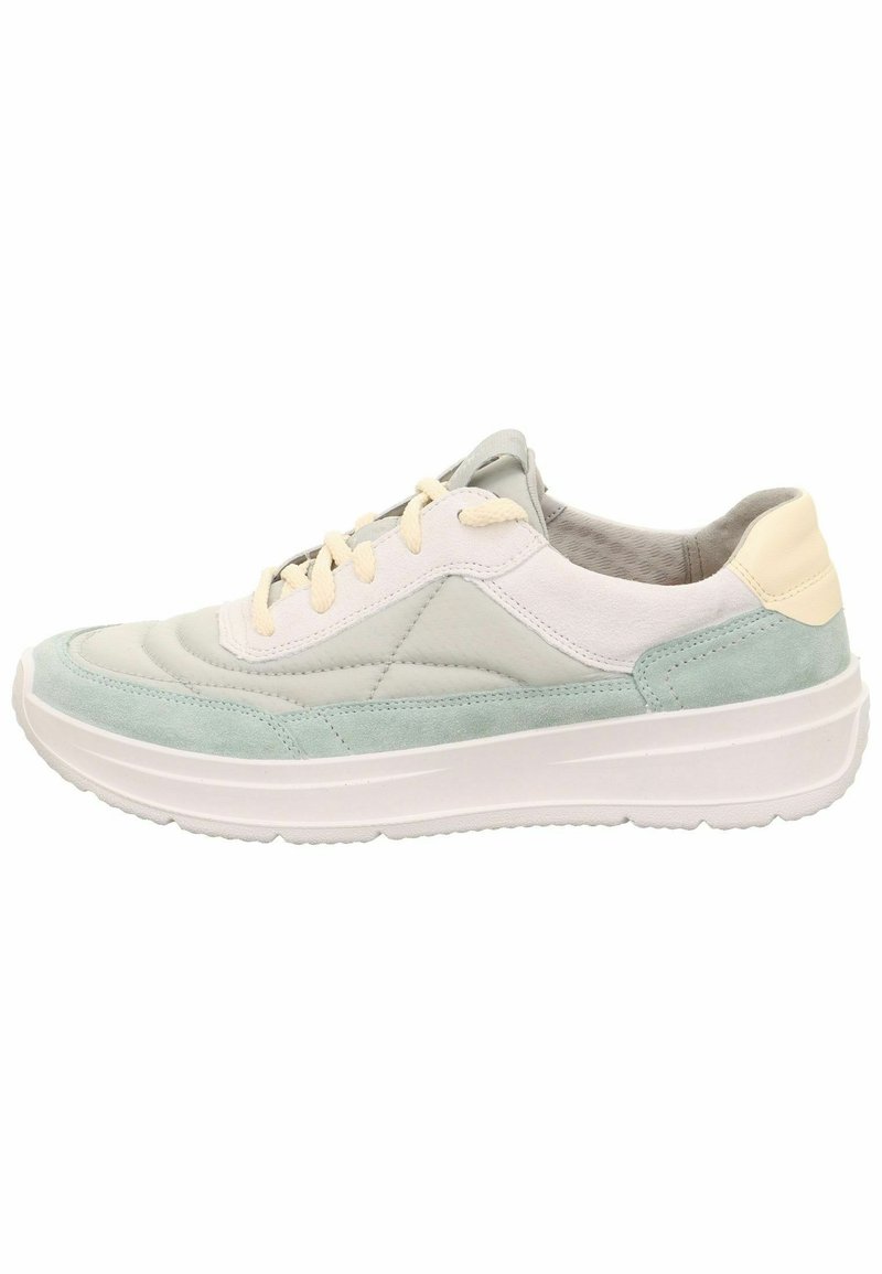 Lightweight sneaker in white, mint, and grey shades; features a smooth leather upper with textured suede accents and a cushioned white sole.
