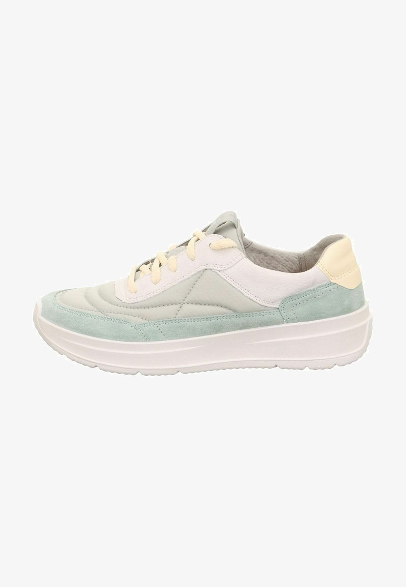 Lightweight sneaker in white, mint, and grey shades; features a smooth leather upper with textured suede accents and a cushioned white sole.