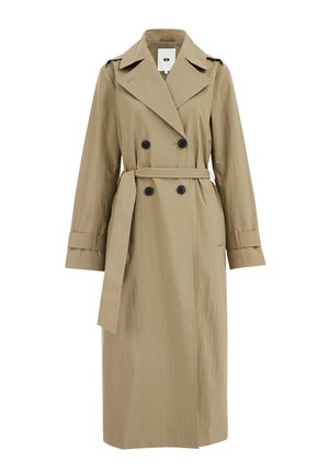Beige dobbeltradet trenchcoat med bælte, lavet af tekstureret stof. Har store sorte knapper og et klassisk kravedesign.