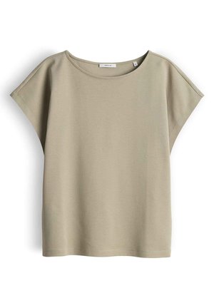 Beige Damenoberteil mit kurzen Ärmeln, lockerem Schnitt, rundem Ausschnitt, sichtbaren Nähten und OPUS-Markenetikett im Krageninnenteil.