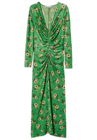 Grünes Kleid mit langen Ärmeln, das ein gerafftes Design und ein florales Muster in Creme und Braun aufweist. Hergestellt aus einem glatten, dehnbaren Stoff.