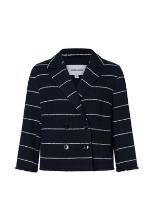 Dunkelblaues zweireihiges Sakko mit weißen horizontalen Streifen und angedeuteten Revers, ausgestattet mit vier Knöpfen und ausgefransten Ärmelenden.