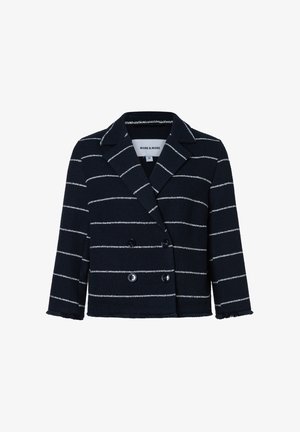 Dunkelblaues zweireihiges Sakko mit weißen horizontalen Streifen und angedeuteten Revers, ausgestattet mit vier Knöpfen und ausgefransten Ärmelenden.