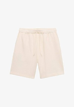 Ljust beige shorts i textil, med resårmidja och dragsko, samt en avslappnad passform.