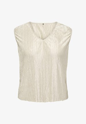 Top bez piedurknēm gaiši krēmkrāsā, ar V-veida kakla izgriezumu un teksturētām vertikālām svītrām. Gluda, spīdīga auduma ar vaļīgu piegriezumu.