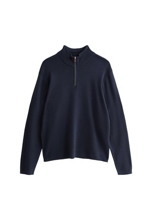 Navy blue fleece pullover with a high collar, half-zip closure, and long sleeves. Soft texture and relaxed fit. Minimalist design.