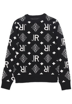 Czarny sweter z białymi kwiatowymi wzorami i literami "JR". Prążkowany dekolt i mankiety; miękka, teksturowana tkanina, usztywniona sylwetka.