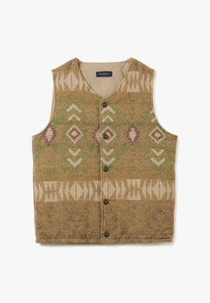 Beige wollen vest met geometrische patronen in groen en bordeaux. Heeft een V-hals, zes knopen en een zachte, getextureerde afwerking.