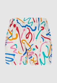 Cotton swim shorts featuring a white base with colorful abstract squiggles in red, blue, pink, orange, and green. Elastic waistband, side pockets.