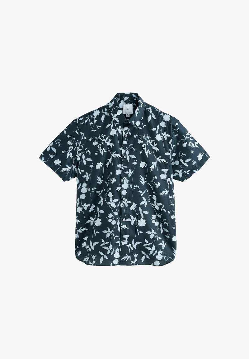 Kurzärmliges Hemd in Dunkelblau mit weißem Blumenmuster. Leichter Stoff, klassischer Kragen, Knopfleiste vorne und abgerundeter Saum.