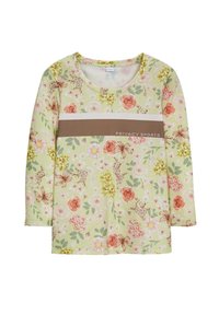 Langärmliges Oberteil in Hellgrün mit floralen Mustern in Pink, Gelb und Grün. Verfügt über einen braunen horizontalen Streifen mit dem Text "PRIVACY SPORTS".